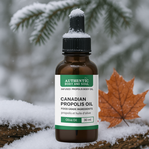 Bottle of Canadian Propolis Oil with a snowy background and leaf