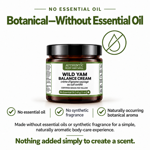 A jar of Authentic Body and Soul Wild Yam Balance Cream centered on a white background with marketing text above and below. The product is a dark amber glass jar with a black lid and a white label featuring green text.
