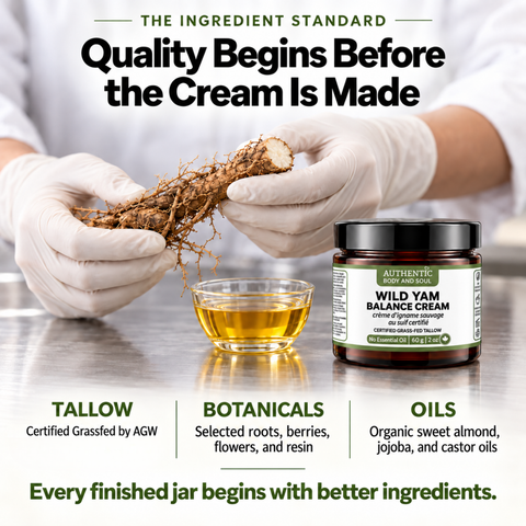 A jar of Authentic Cow Products Wild Yam Balance Cream is shown beside a small bowl of golden oil and a person wearing white gloves holding a root ingredient, with marketing text above and below on ingredient sourcing.