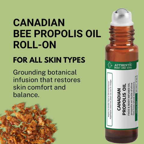 Canadian Bee Propolis Oil Roll-On bottle with text on a green background