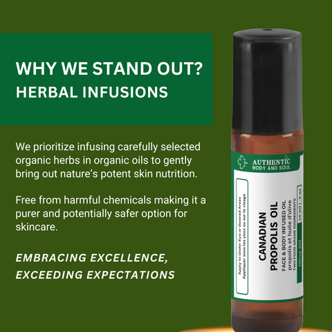 Canadian Propolis Oil bottle with text about herbal infusions on a green background