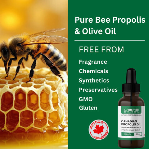 Bee on honeycomb with bottle of Canadian propolis oil and text about product attributes.