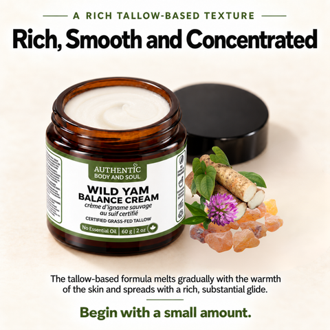 A jar of Authentic Body and Soul Wild Yam Balance Cream shown on a light beige background with its black lid beside it. The amber glass jar contains a pale cream-colored product, with a green and white label.
