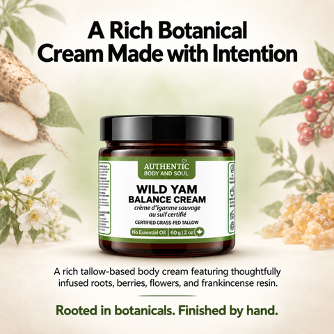 A jar of Authentic Body and Soul Wild Yam Balance Cream is centered against a soft botanical background with text overlays describing the rich tallow-based body cream and its herbal ingredients.
