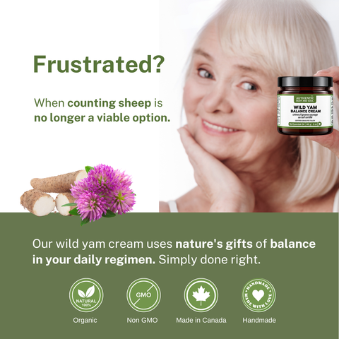 A promotional graphic for Wild Yam Balmy Cream featuring a smiling older woman holding the jar, alongside wild yam roots and purple flowers. The left side has green text reading 'Frustrated? When counting sheep is no longer a viable option.